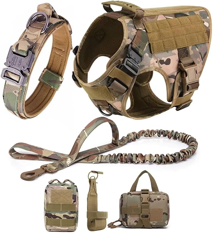WAYO Dog Harness and Leash Set 6 Items - Military Tactical Vest with Collar for German Shepherd, Malinois, No Pull Training Walking Harness with Adjustable Straps (S/M/L/XL) (Brown, L)
