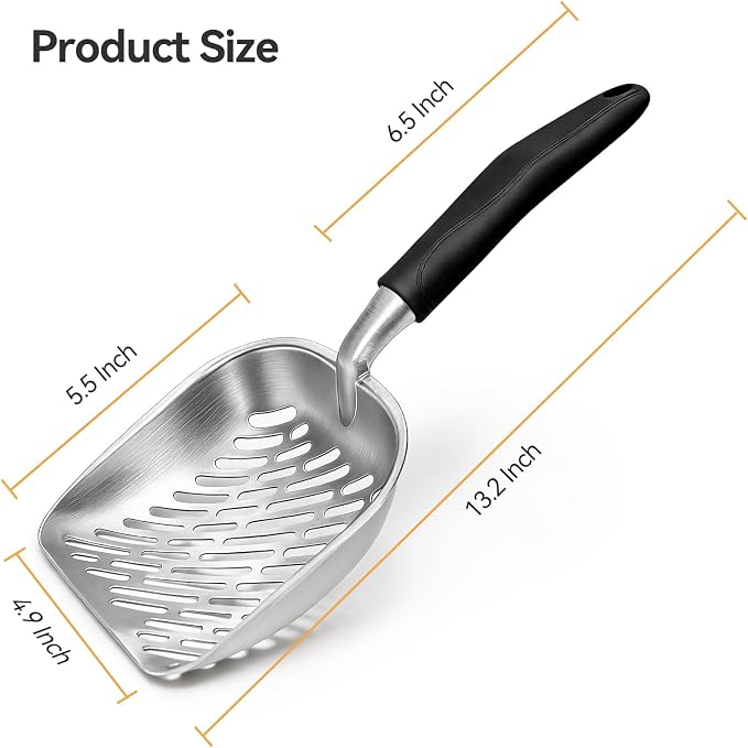 Cat Litter Scoop, Large Long Handle Kitty Metal Scooper | Heavy Duty Aluminum Deep Sifter, Ergonomic Non-Slip Grip, Rustproof Durable Poop Cleaner for Cat Litter Box
