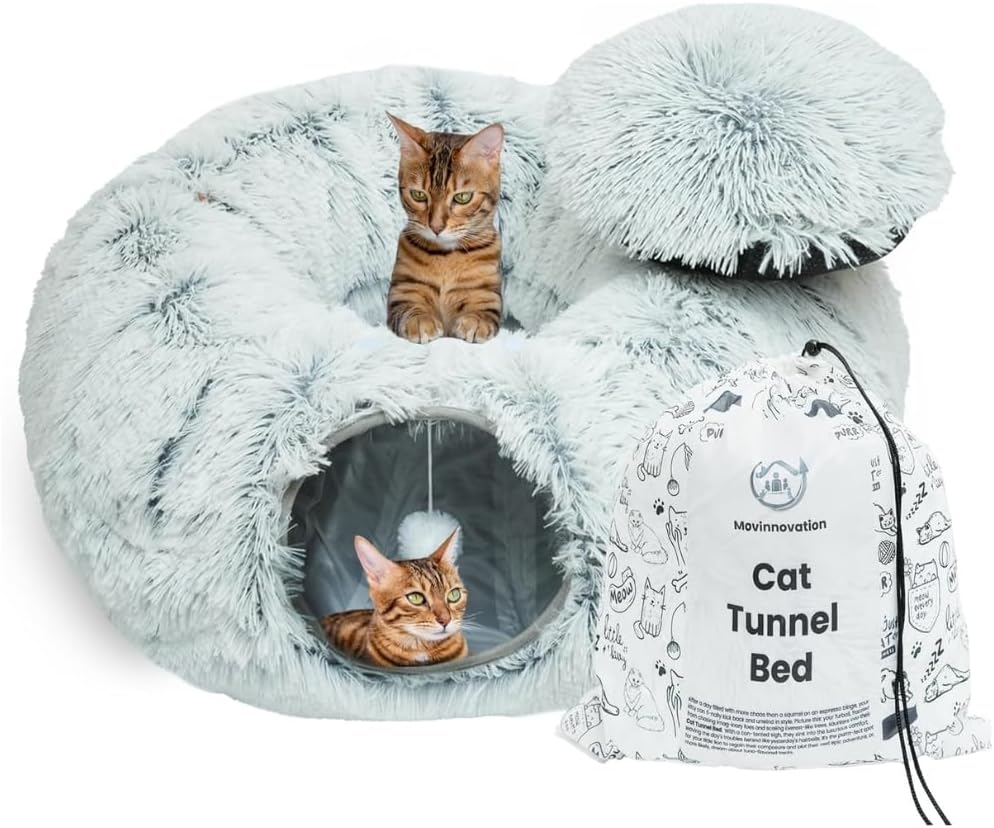 Large Cat Tunnel Bed for Indoor Cats Warm Fluffy Plush Cat Cave Tunnel Bed Collapsible, Washable, 3 Way and Multifunctional with Dangling Balls for Cats, Kittens and Rabbits- Gray