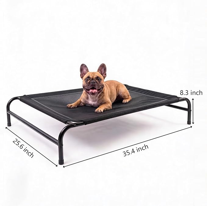 MICOOYO Outdoor Dog Bed, Elevated Dog Bed Raised Dogs Bed with Breathable & Washable Mesh, No-Slip Feet, Easy Clean, Chew Proof, Portable Dog Cot for Indoor & Outdoor Use, 35" x 25" x 8", Black