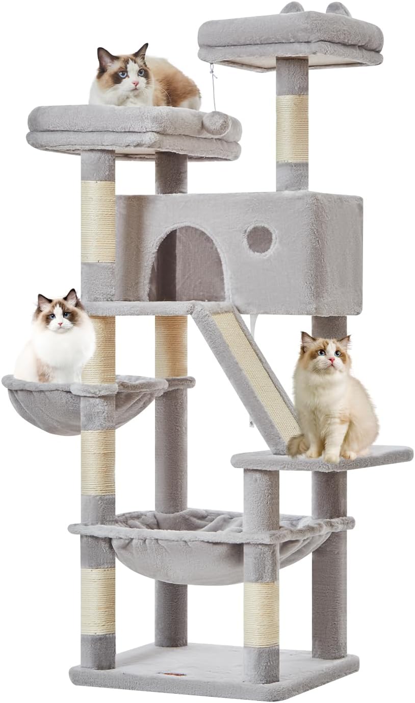 Taoqimiao Cat Tree 57.5-Inch, Cat Tower for Indoor Cats Large Adult, Extra Large Cat Condo, 8 Sisal Scratching Posts, Metal Frame Cozy Hammock, Durable Scratch Board, 2 Top Perches, Light Gray MS026W