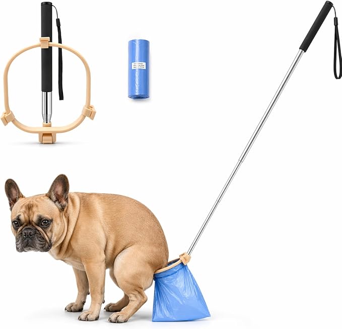 Pooper Scooper for Dogs, Hands-Free Pet Waste Pickup Tool, Foldable 8 Inch Design with 32 Inch Extendable Handle, Stainless Steel Rod, Includes 15 Bags for Yard, Walks and Travel