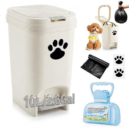 Hushee 10L/2.6Gal Dog Poop Trash Can Outdoor Set, Pedal Garbage Can with Lid, Blue Pooper Scooper, Black Paw Stickers and 30 Waste Bags for Small, Medium and Large Dogs Poop Disposal Kit