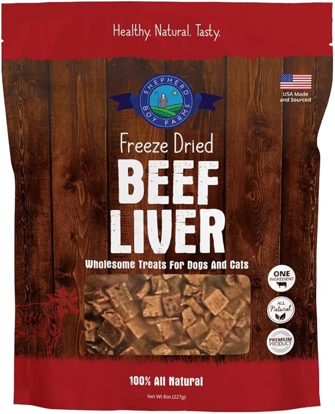 Shepherd Boy Farms Freeze Dried Dog and Cat Treats, Beef Liver, All Natural Single Ingredient Freeze-Dried Dog Treat & Snacks, Made in USA, High Protein, Essential Nutrition of Raw Food, 8oz