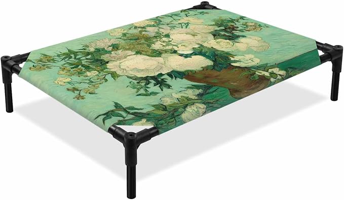 Outdoor Elevated Dog Bed for Large Dogs, Botanical Flowers Breathable Cooling Raised Dog Cot for Indoor/Outdoor, Farmhouse Blossom Vase Floral Branches Waterproof Elevated Pet Beds, L 28 x 22 in