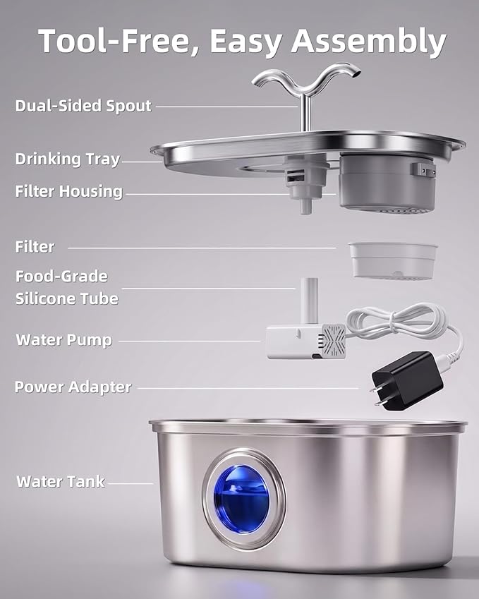 Cat Water Fountain Stainless Steel, 108oz/3.2L Pet Water Fountain for Cats Indoor, with Dual Spouts for Multiple Cats, Ultra-Quiet Automatic Dog Water Dispenser, 3 Pack Filters Included