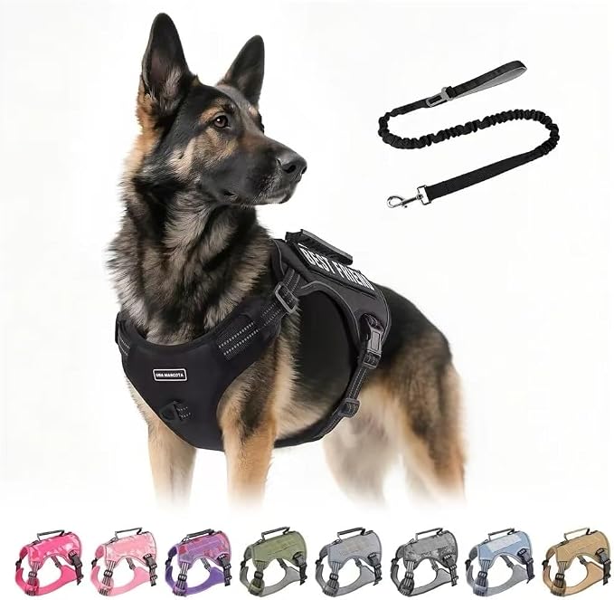 Tactical Dog Harness with Leash for Large Dogs, No Pull Adjustable Dog Harness, Reflective K9 Working Pet Vest for Walking, Training (Black, S)