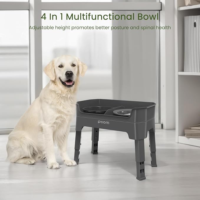 4-in-1 Elevated Slow Feeder Dog Bowls, 4 Height Adjustable Mess Proof Raised Dog Bowl Stand with No Spill Dog Water Bowl, Stainless Steel Dog Food Bowl & Slow Feeder for Large Medium Small Dogs Pets