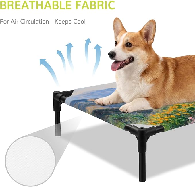 Outdoor Elevated Dog Bed for Large Dogs, Tropical Mountain Breathable Cooling Raised Dog Cot for Indoor/Outdoor, Farmhouse Nature Trees Flowers Blue Sky Waterproof Elevated Pet Beds, L 28 x 22 in