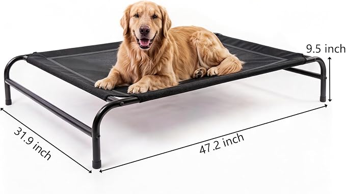 MICOOYO Outdoor Dog Bed, Elevated Dog Bed Raised Dogs Bed with Breathable & Washable Mesh, No-Slip Feet, Easy Clean, Chew Proof, Portable Dog Cot for Indoor & Outdoor Use, 43" x 31" x 8", Black