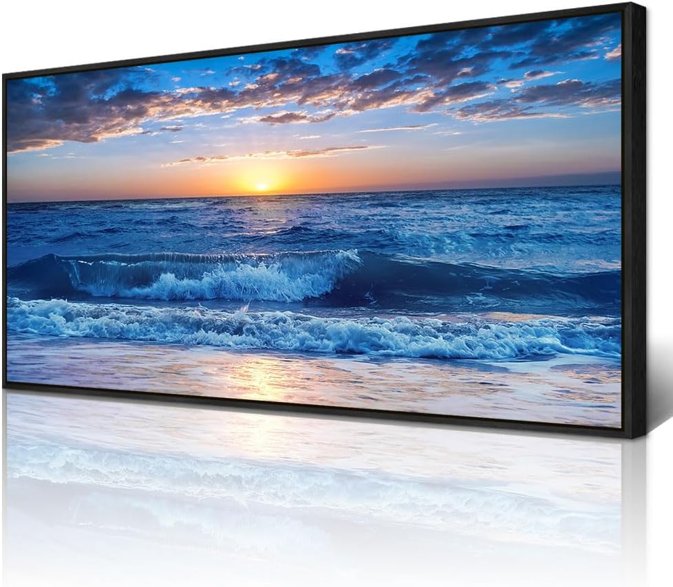 Wapluam Canvas Wall Art For Living Room Large Wall Decor For Bedroom Office Wall Decorations Blue Ocean Beach Wall Painting Sunny Sea View Wave Wall Pictures Artwork Room Home Decor Black Framed