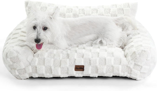 Made4Pets Cat and Dog Couch Bed, Soft Faux Fur Checkered Pet Sofa, Cozy Fluffy Pet Sofa with Supportive Foam, Removable Washable Cover with Non-Slip Base, White, Medium