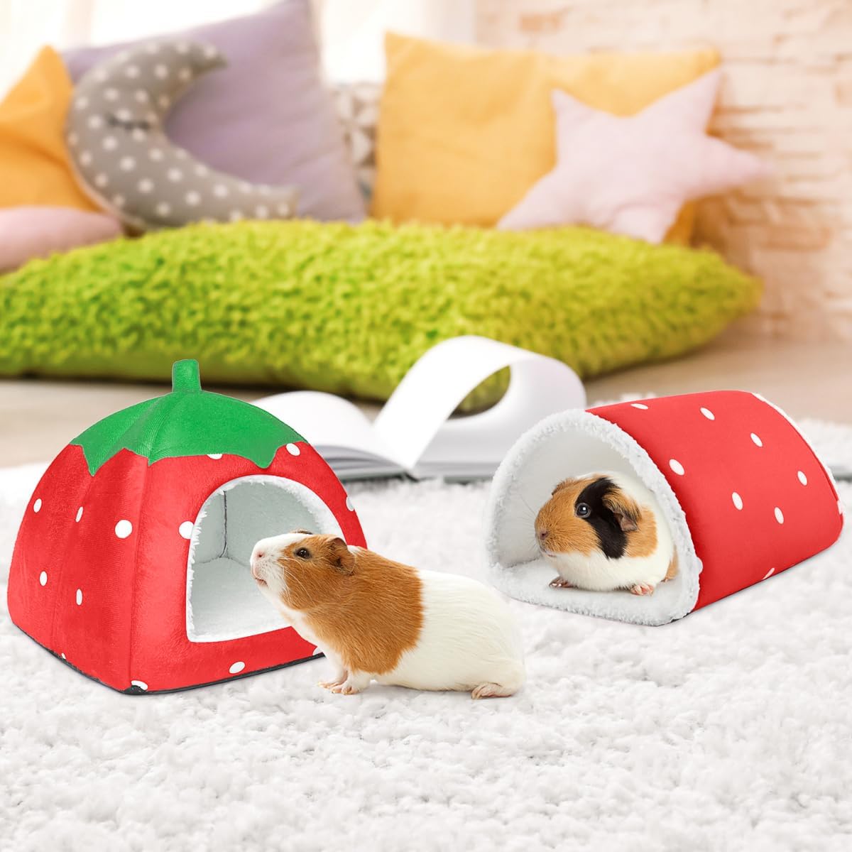 Guinea Pig Hideout with Tunnel, Washable Chinchilla House Bed, Fleece Hideaway, Enrichment Toys, and Cage Accessories for Ferret Hedgehog Small Animal