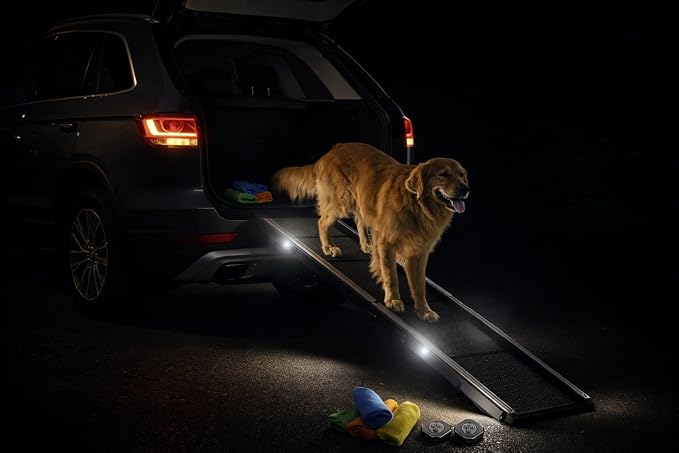 Dog Ramp for Car & SUV with Non-Slip Rug Surface – Lightweight & Foldable Pet Ramp for Dogs, Includes 4 Towels & 2 LED Lights, Safe for Cars, Trucks, Beds, Couches & Stairs