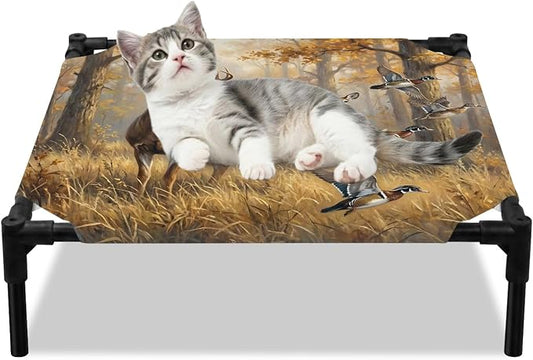 Outdoor Elevated Dog Bed for Small Dogs, Brown Deer Birds Breathable Cooling Raised Dog Cot for Indoor/Outdoor, Autumn Forest Trees Grass Natural Scenery Waterproof Elevated Pet Beds, S 20 x 20 in