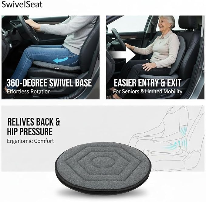 NOVA Swivel Car Seat Cushion for Seniors & Mobility Aid - 360° Rotating Seat Pad for Easy Car Entry Exi, Back & Hip Pressure Relief, 1.5" Thick Comfort Support, Gray/Blue