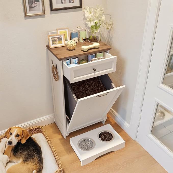 FIMELLO 21 ''WX 13''DX39''H Dog Feeding Station with 2 Feeding Bowls, Tilt-Out Dog Food Storage Cabinet with Drawer,Pet Feeder Cabinet,White Grain