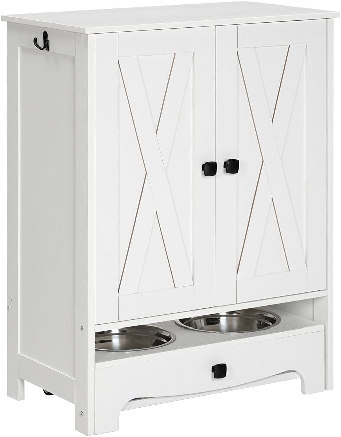 HOOBRO Dog Feeding Station with Storage and Hooks, Dog Food Storage Cabinet with Feeding Bowls, Pet Feeding Station with Sliding Drawer and 2 Hidden Bowls for Dog & Cat, White WT12PO03G1