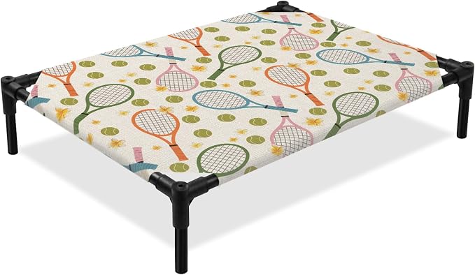 Outdoor Elevated Dog Bed for Medium Dogs, Tennis Rackets Breathable Cooling Raised Dog Cot for Indoor/Outdoor, Farmhouse Flowers Ball Sports Theme Waterproof Elevated Pet Beds, M 24 x 20 in