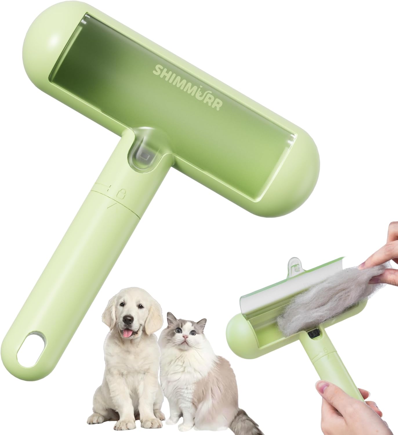 Reusable Pet Hair Remover - Lint Roller for Dog & Cat Fur - for Furniture, Carpet, Clothing - Detachable Handle (Green)
