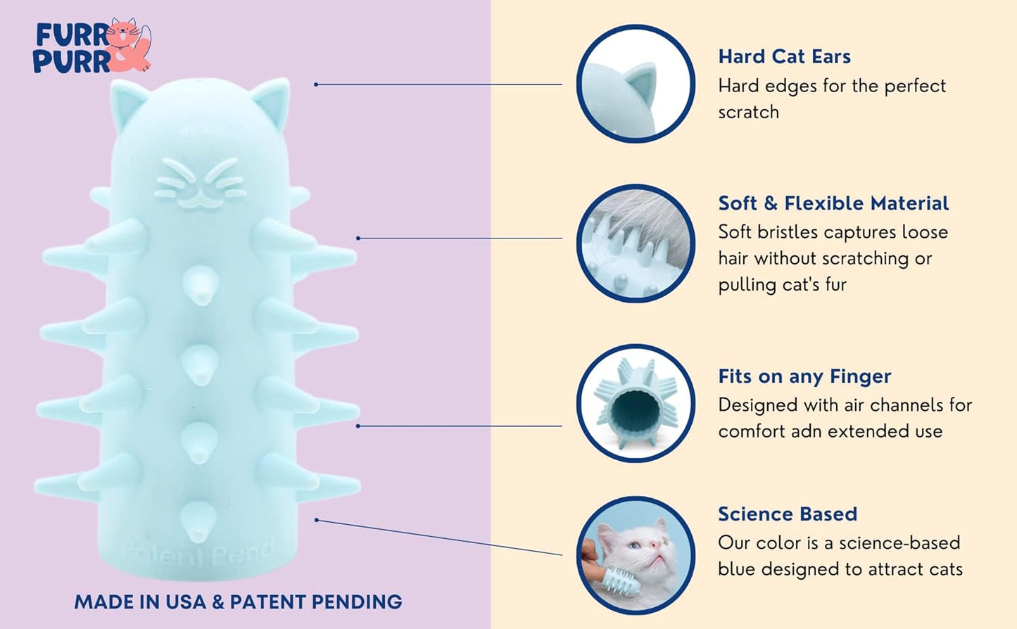 Furr&Purr Cat Brush, Scratcher, and Massager - Indoor Cat Calming Care with Face Scratcher, Finger Brush (3-Pack, Made in USA)
