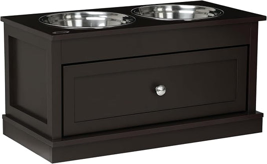 PawHut Large Elevated Dog Bowls with Storage Drawer - 11L Capacity, Raised Dog Bowl Stand Feeding Station, Brown | Raised Dog Bowl Stand, Pet Food Bowl, Pet Feeding Station