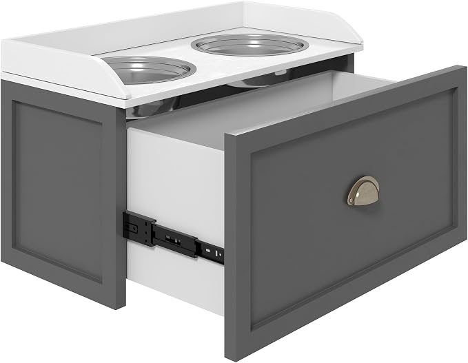 PawHut Feeding Station with Storage Drawer, Food Storage Cabinet with 2 Removable Elevated Bowls for Large Sized Dogs, Gray | 2 Removable Elevated Pet Bowls, for Large Sized Breeds
