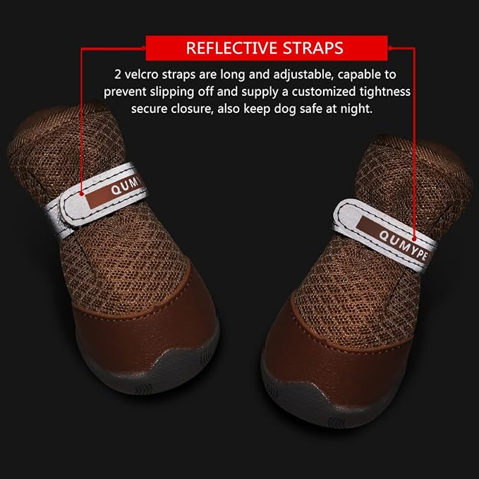QUMY 4PCS Dog Shoes for Small Dogs, Hot Pavement Summer Puppy Dog Boots & Paw Protectors with Soft Anti-Slip Rubber Sole, Mesh Breathable Dog Booties for Hardfloors, Walking Running Khaki Size 4
