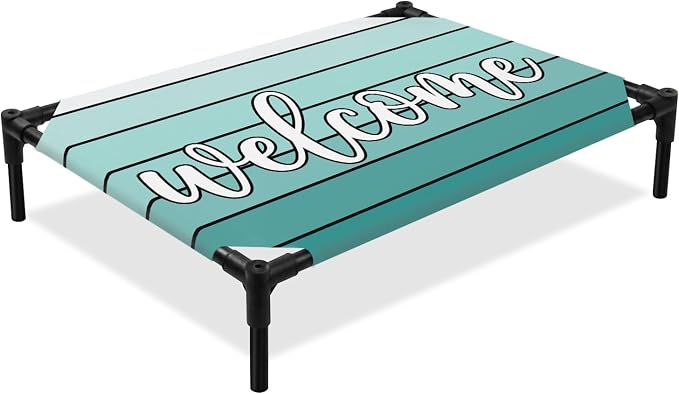 Outdoor Elevated Dog Bed for Large Dogs, Teal Green Wooden Grain Breathable Cooling Raised Dog Cot for Indoor/Outdoor, Gradient Farmhouse Wood Plank Waterproof Elevated Pet Beds, L 28 x 22 in