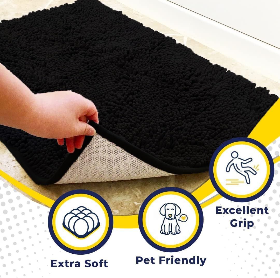 Muddy Mat® AS-SEEN-ON-TV Highly Absorbent Microfiber Door Mat and Pet Rug, Non Slip Thick Washable Area and Bath Mat Soft Chenille for Kitchen Bathroom Bedroom Indoor and Outdoor - Black 3ft x 8ft