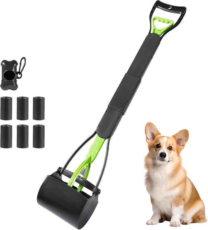 32in Dog Pooper Scooper with Bag Attachment, Foldable Long Handle | Thickened ABS dog scooper for large dogs. Features curved grip, jagged teeth, 120 bags, clip & extra 2x springs/buckles