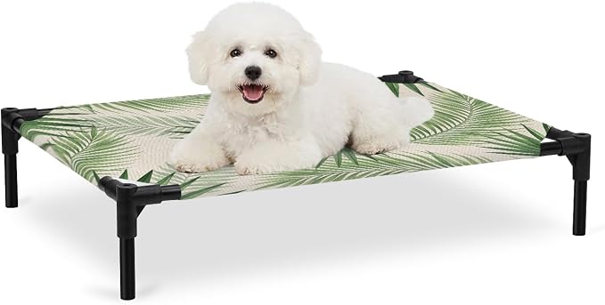 Outdoor Elevated Dog Bed for Medium Dogs, Summer Leaves Breathable Cooling Raised Dog Cot for Indoor/Outdoor, Rustic Tropical Palm Leaf Plants Branches Waterproof Elevated Pet Beds, M 24 x 20 in