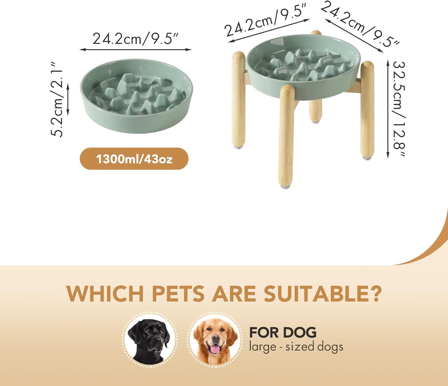 9.5inch Ceramic Dog Raised Slow Feeder Set, Elevated Bowl with Wooden Stand for Large Dog, Slow Feeder Dish for Fast Easters, Stop Bloat(Light Green, Single Bowl+ Stand)