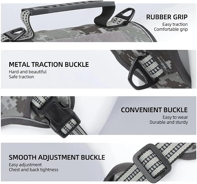 Tactical Dog Harness with Leash for Large Dogs, No Pull Adjustable Dog Harness, Reflective K9 Working Pet Vest for Walking, Training (Camouflage Grey, M)