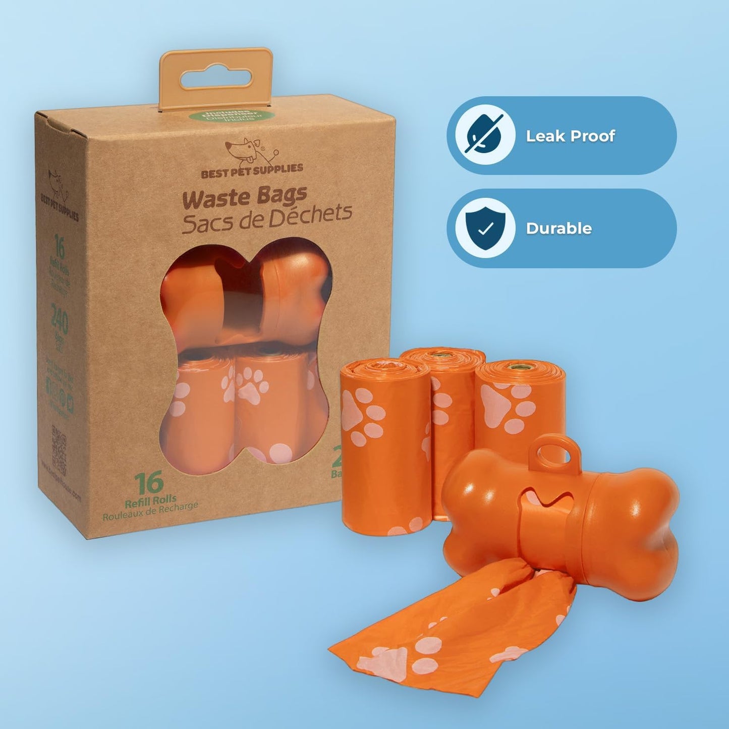 Best Pet Supplies Dog Poop Bags (240 Bags) for Waste Refuse Cleanup, Doggy Roll Replacements for Outdoor Puppy Walking and Travel, Leak Proof and Tear Resistant, Thick Plastic - Orange