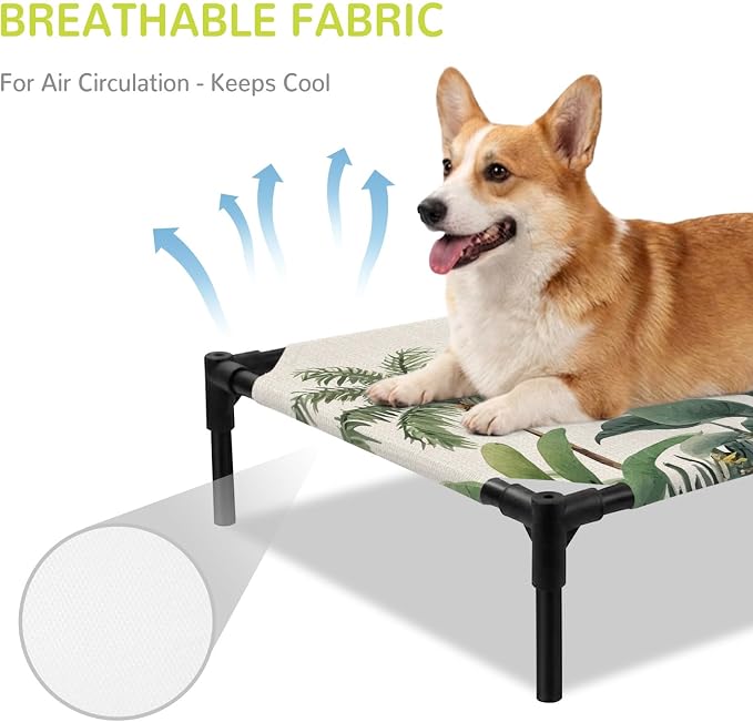 Outdoor Elevated Dog Bed for Large Dogs, Summer Palm Tree Breathable Cooling Raised Dog Cot for Indoor/Outdoor, Tropical Botanical Floral Coastal Rustic Waterproof Elevated Pet Beds, L 28 x 22 in