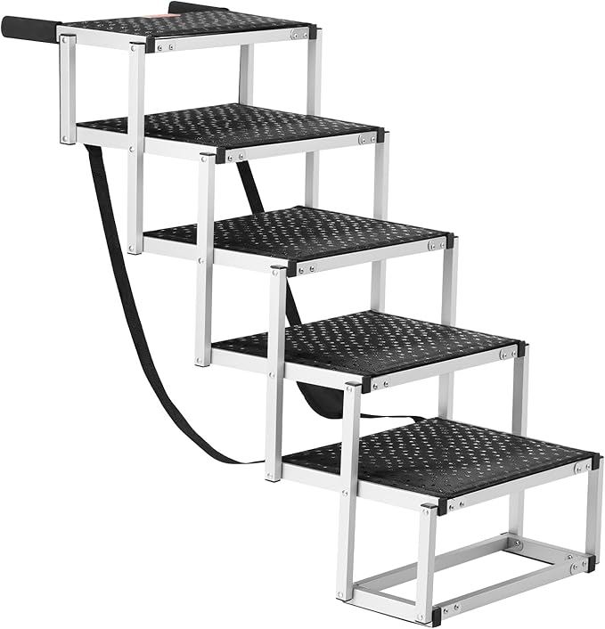 VEVOR Dog Stairs for Car Wide 5-Steps,Folding Dog Car Ramp with Nonslip Surface, Portable Pet Steps Lightweight Aluminum for Car, SUV and Truck, Supports up to 150 lbs