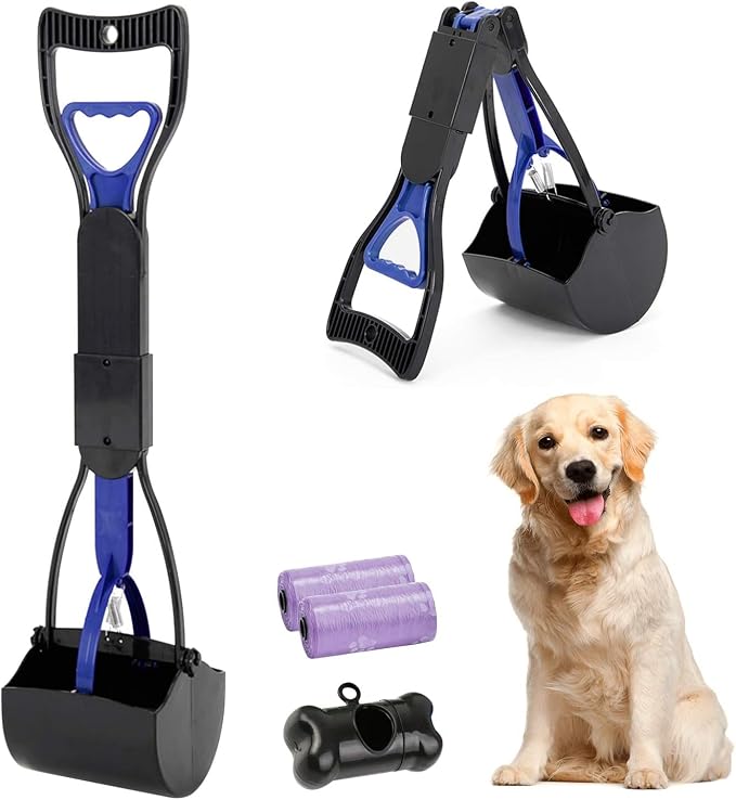 24 Inch Portable Dog Pooper Scooper for Large Small Dogs | Foldable Dog Poop Scoop with Waste Bag Dispenser & 30 Bags, Grass Friendly, Plastic, Grass Friendly, Easy to Use Lever