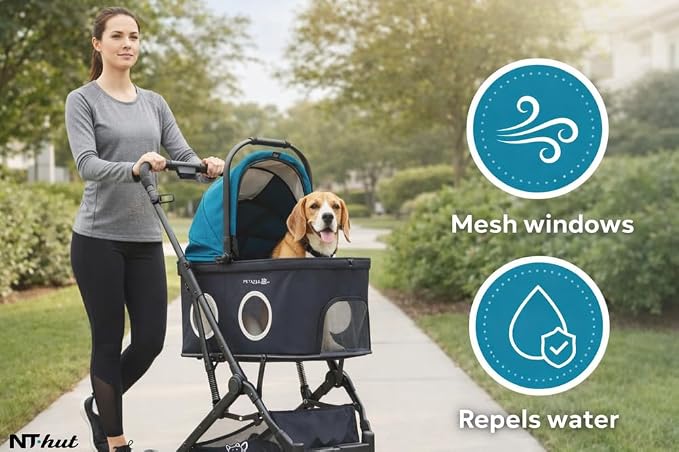 Pet Stroller for Small & Medium Dogs and Cats Up to 50 lbs, 3-in-1 Lightweight Dog Stroller with Detachable Carrier, 360° Mesh Windows, One-Click Fold, Storage Bag & Basket, Cup Holder, All-Terrain