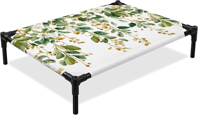 Outdoor Elevated Dog Bed for Large Dogs, Floral Vine Breathable Cooling Raised Dog Cot for Indoor/Outdoor, White Hanging Buds Botanical Flowers Farmhouse Waterproof Elevated Pet Beds, L 28 x 22 in