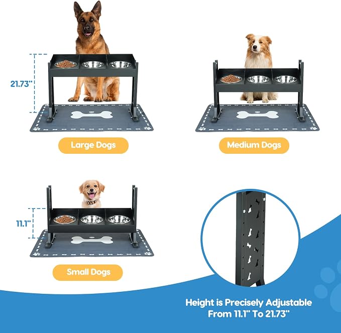 Elevated Dog Bowls for Large Breeds, Triple Dog Bowl Stand with 3 Stainless Steel Bowls, Adjustable Raised Dog Feeding Station, Slow Feeder Anti-Gulping Design, Heavy Duty