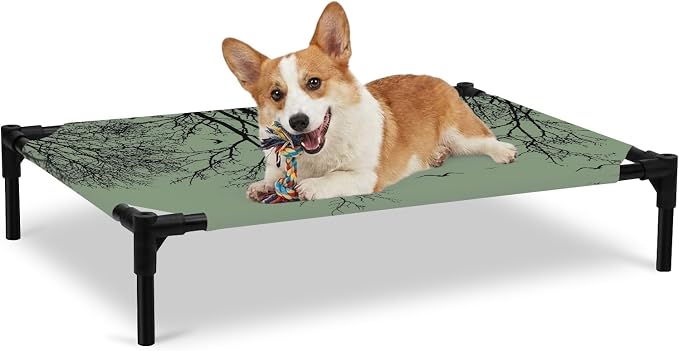 Outdoor Elevated Dog Bed for Large Dogs, Green Black Branches Breathable Cooling Raised Dog Cot for Indoor/Outdoor, Botanical Dead Tree Birds Waterproof Elevated Pet Beds, L 28 x 22 in