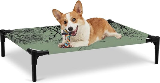 Outdoor Elevated Dog Bed for Large Dogs, Green Black Branches Breathable Cooling Raised Dog Cot for Indoor/Outdoor, Botanical Dead Tree Birds Waterproof Elevated Pet Beds, L 28 x 22 in
