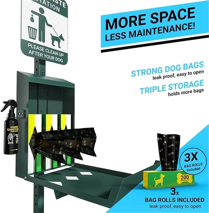 Pemberly Row Mini Pet Waste Station, Green Galvanized Steel, 76" Height, Glow-in-the-Dark Signage, Locking Triple Roll Bag Dispenser, Includes 600 Bags and Hand Sanitizer, Outdoor Commercial Use