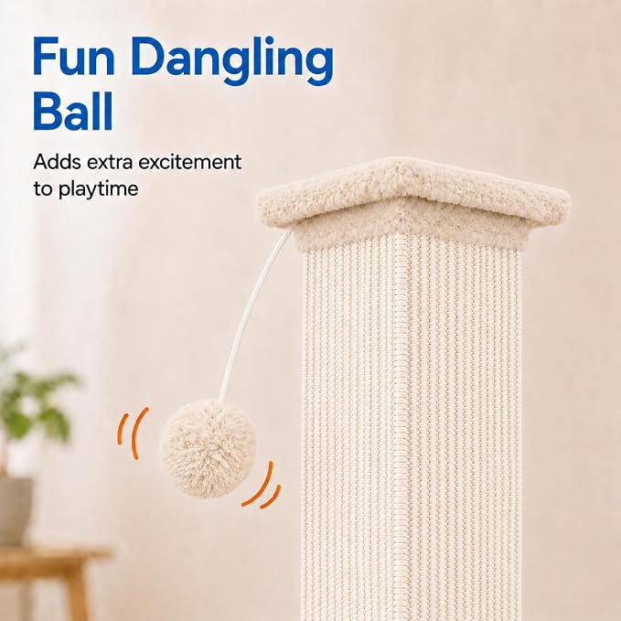 Vertical Cat Scratching Post for Indoor Cats, Sisal Scratch Tower with Soft Plush Base & Dangling Pom Ball, 32'' Tall Cat Scratcher Column for Kittens and Adult Cats, Furniture Protection, Beige