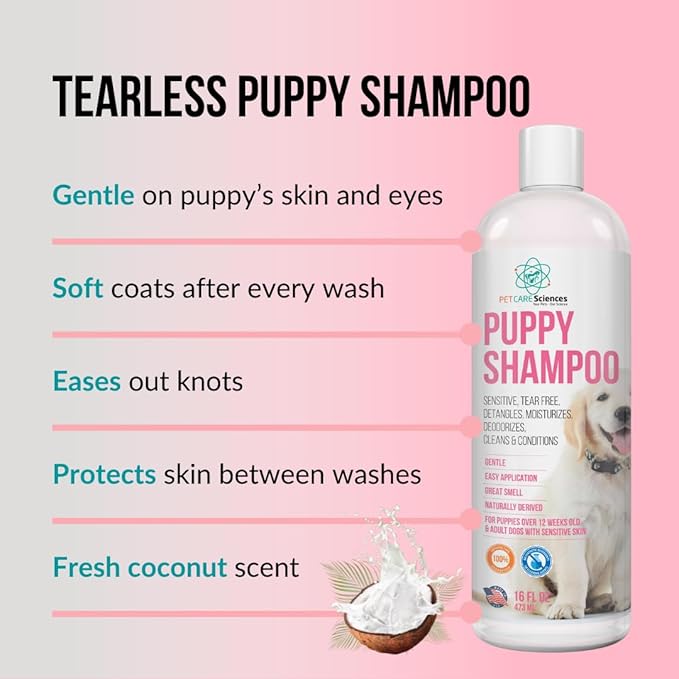 PET CARE Sciences 16 fl oz Tearless Puppy Shampoo and Conditioner - Anti Itch Dog Shampoo Sensitive Skin - Coconut Oil Oatmeal Pet Shampoo for Puppies, Made in The USA