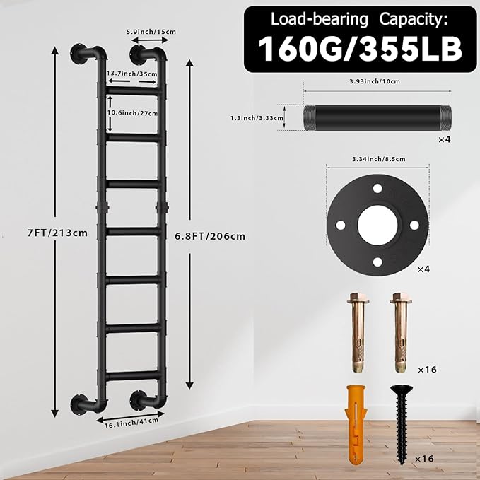 Black 7-Step Wall Mounted Ladder, 7FT Steel Egress Window Well & Loft Ladder for Attic Basement Gym – Wall/Floor-Mounted Indoor Climb for Small Spaces & Storage Access