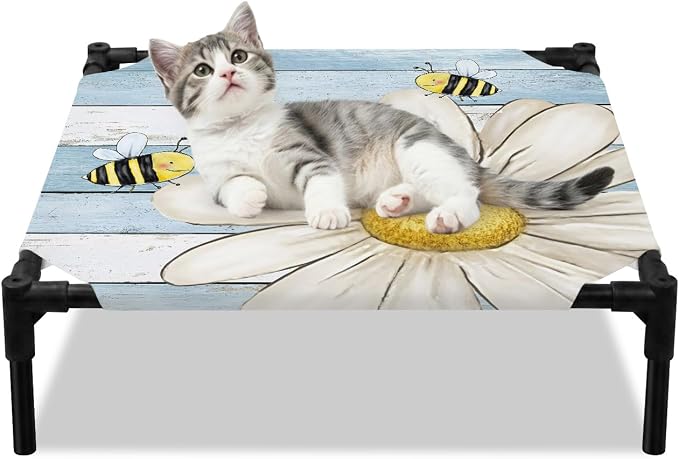 Outdoor Elevated Dog Bed for Small Dogs, White Daisy Rustic Breathable Cooling Raised Dog Cot for Indoor/Outdoor, Pastoral Flowers Honeybees Blue Wood Waterproof Elevated Pet Beds, S 20 x 20 in