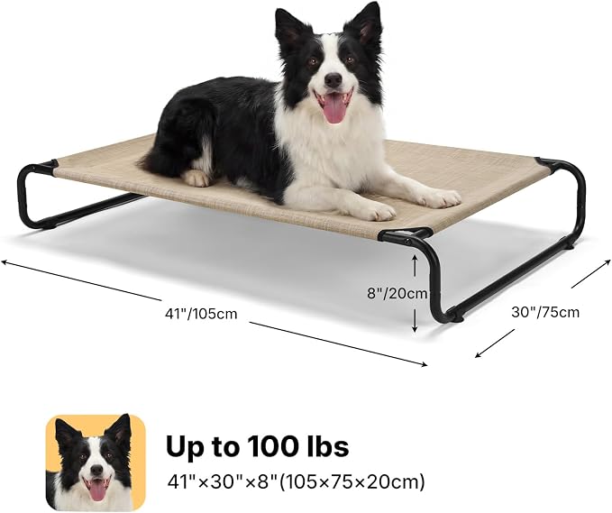 Veehoo Cooling Elevated Dog Bed, Outdoor Raised Dog Bed for Large Dogs | Dog Cot with Thickened Frame, Durable Teslin Mesh & Anti-Slip Rubber Feet, Pet Hammock for Indoor or Camping, 41", Beige