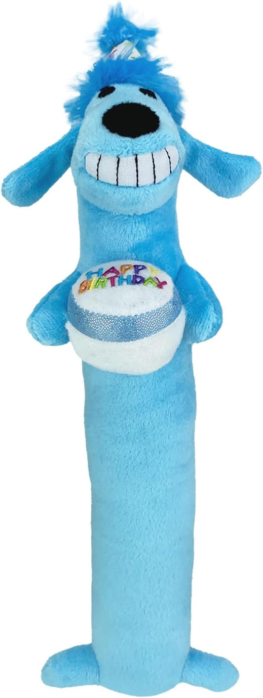 Multipet Loofa Dog Plush Toy w/ Birthday Hat - Squeaky Dog Toy for Dogs - Soft Plush - Stuffed Animal Dog Toys for Playing (1 Count, 12”, Random Color Surprise)